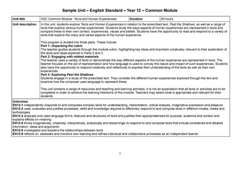 Sample unit standard year 12 common module past the shallows - Sample ...