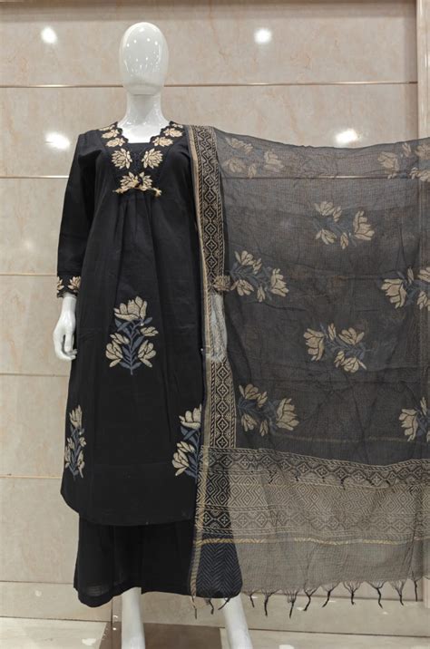 Black pure cotton three piece set (A1132) – Attire By Ayaana