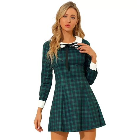 Women's Costume Contrast Peter Pan Collar Long Sleeve A-line Plaid Dress