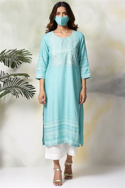 Blue Rayon Straight Kurta Palazzo Suit Set