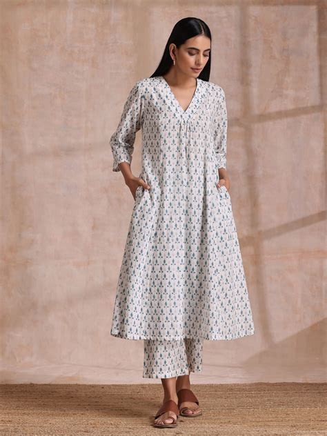 White With Teal Buta Block Print Cotton Front Neck Gathered Kurta Pant ...