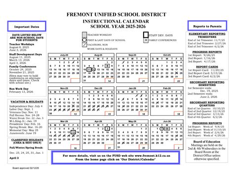 Fremont Unified Academic School District 2025-26 Calendar With Holidays