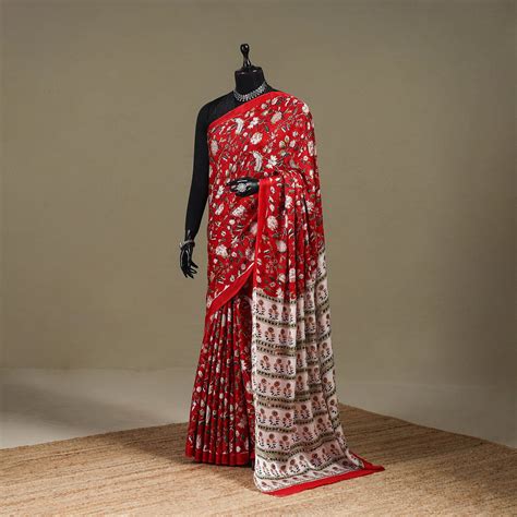 Red Modal Silk Hand Block Sanganeri Print Saree