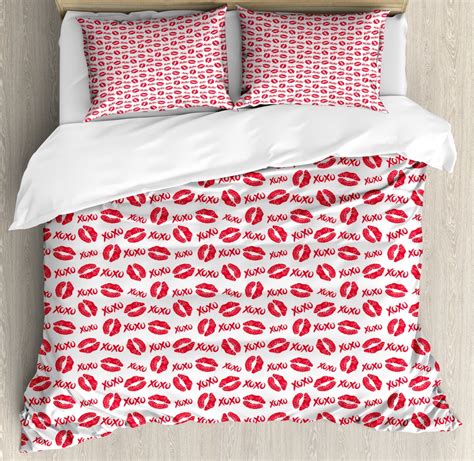 XOXO Duvet Cover Set Queen Size, Lipstick Kisses and XOXO Acronyms Pattern Love Romantic ...