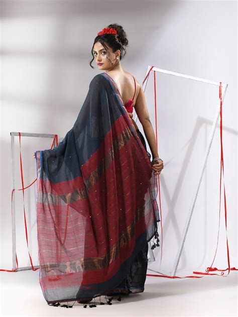 Grey Cotton Saree With Sequined Work And Zari Stripe Pallu – Charukriti