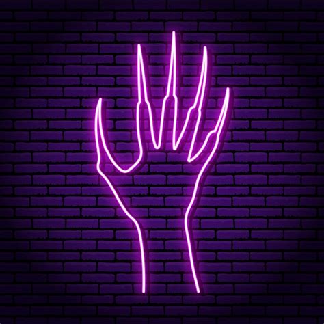 Main de zombie avec des griffes, enseigne au néon violet. Dans le ...