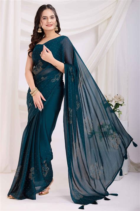 Morpich Blue Floral Swarovski Work Rangoli Art Silk Ready To Wear Sare