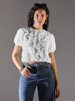 Buy SHOWOFF Womens White Self Design Crop Top (XS) Online