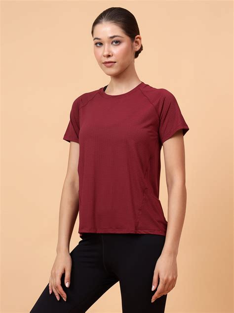 Fitkin Women Maroon Self Stripe Round Neck Tshirt