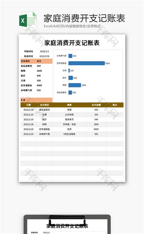 家庭消费开支记账表Excel模板_千库网(excelID：165505)