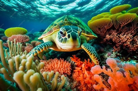 Premium AI Image | Maldivian Sea Turtle Floating Up And Over Coral reef ...