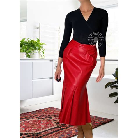 Womens 80s Red Mermaid Fishtail Hem Trumpet Genuine Leather Skirt ...