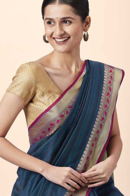 Blue Self Design Sari - Selling Fast at Pantaloons.com