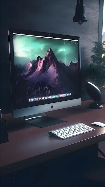 Monitor di computer su una scrivania in una stanza buia con le montagne ...