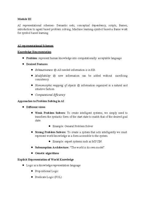 Artificial Intelligence Module 3 - Module III AI representational ...
