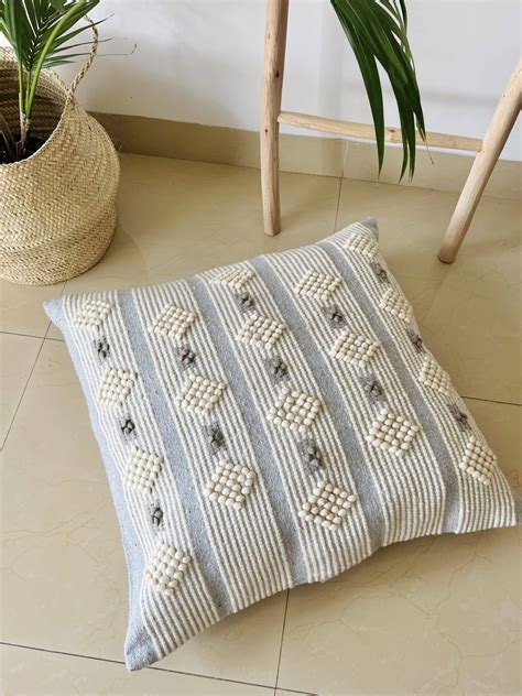 Moroccan Floor Pillow - Light Grey with White | Assilah Rugs