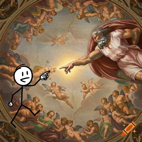 A stick figure pointing its finger at God's hand in Michelangelo's "The ...