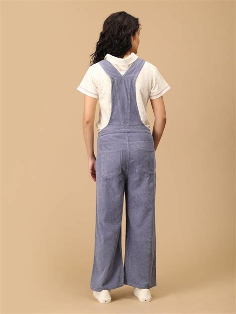 Back view of The Mom Store powder blue corduroy maternity dungaree with ...