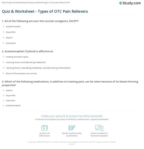 Quiz & Worksheet - Types of OTC Pain Relievers | Study.com
