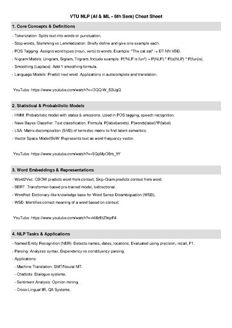 VTU NLP (AI ML 6th Sem) Cheat Sheet: Core Concepts & Applications - Studocu