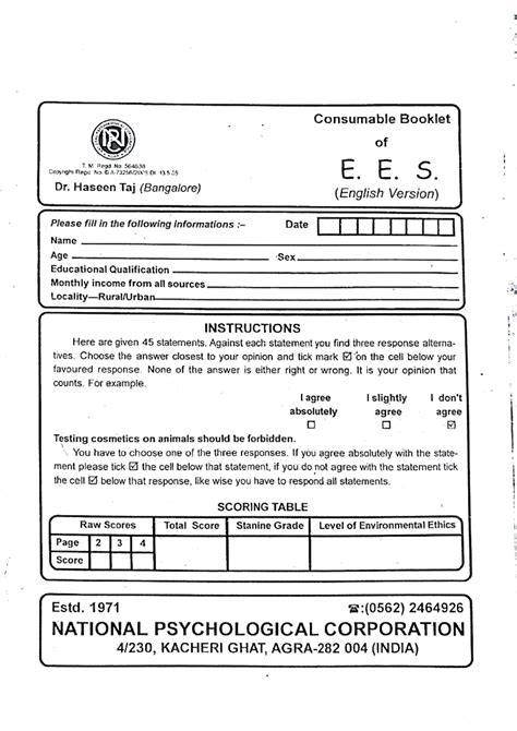 EES Booklet: Environmental Ethics Scale Assessment Guide - Studocu