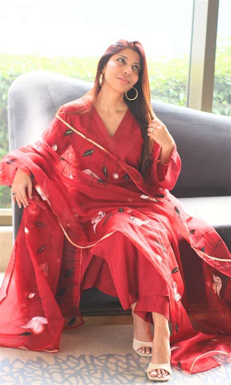 Muslin Silk Ruby Red Bell Sleeves Suit with Organza Handpainted Dupatt ...
