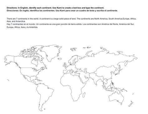 world continents work sheet in Spanish and English