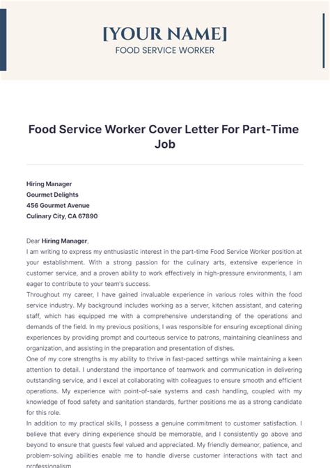 Free Food Service Worker Cover Letter For Part Time Job Template to ...
