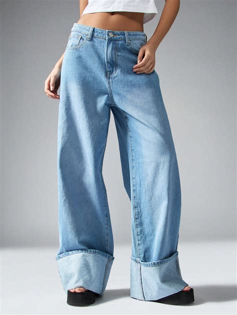 High Waist Wide Leg Turn-Up Denim Jeans｜MISSGUIDED