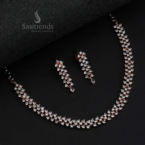 Latest Rhodium Silver Plated AD Necklace Set with Earrings | Sasitrends