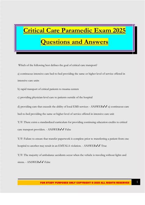 Critical Care Paramedic Exam 2025 Questions and Answers - Critical Care ...