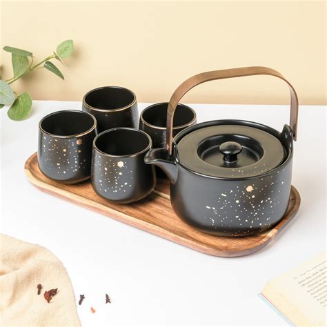 Tea Set - Buy CARA Gold Detail Black Tea Set Online | Nestasia