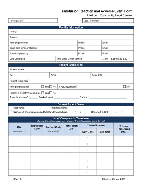 Fillable Online Transfusion Reaction and Adverse Event Form Fax Email ...