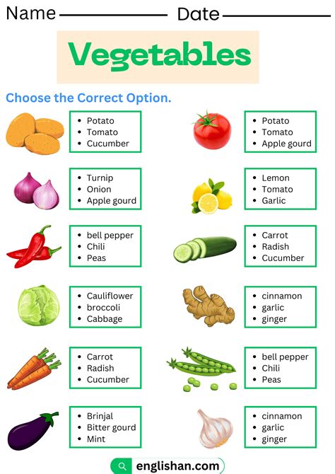 3 Vegetables Worksheets and Exercises with Answers in English • Englishan