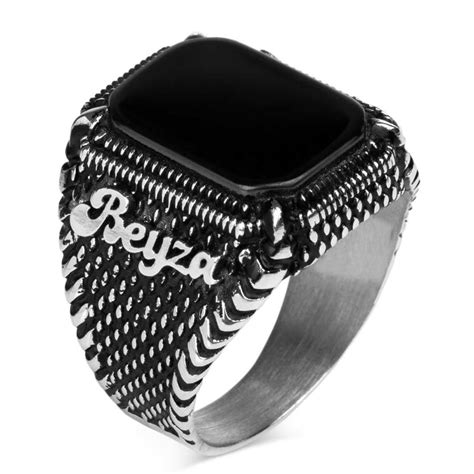 Personalised Black Onyx Stone Silver Mens Ring