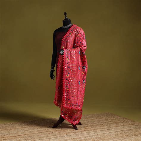 Pink Ranihati Chapa Work Chanderi Silk Hand Embroidery Dupatta with Pom Pom