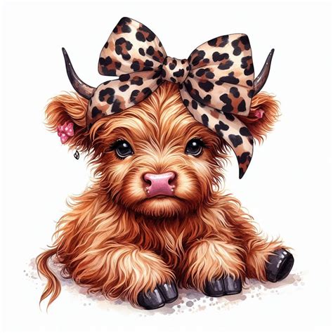 Highland Cow Watercolor Clipart Cute Leopard Bow Baby Cow PNG and JPG Scottish Cow Graphic ...