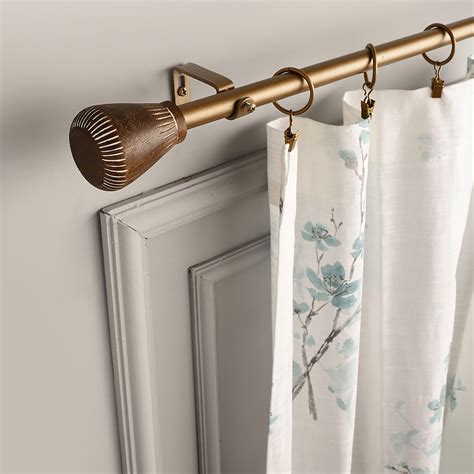 Tapered Natural Wooden Finial Extendable Single Curtain Rod Gold 19MM ...