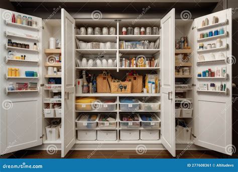 Cleaning Supplies Closet, with Organized and Labeled Bins for Each Type of Cleaning Supply Stock ...