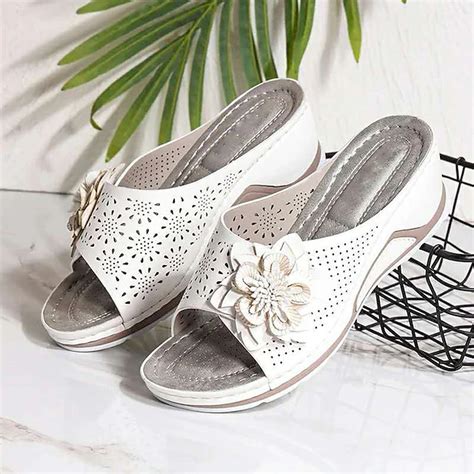 Women's Open-Toe Slip-On Wedge Sandals with Floral Decoration ...