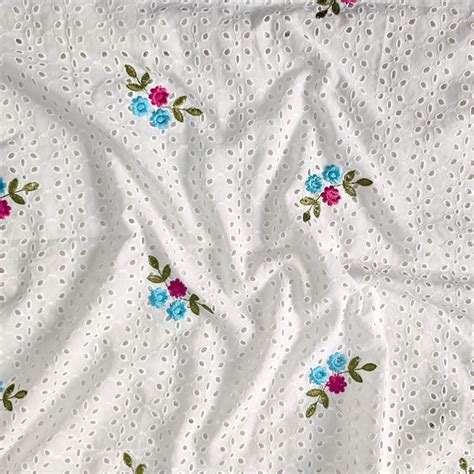 ( Width 44 Inches ) Pure Cotton Hakoba White With Blue And Pink Flower ...