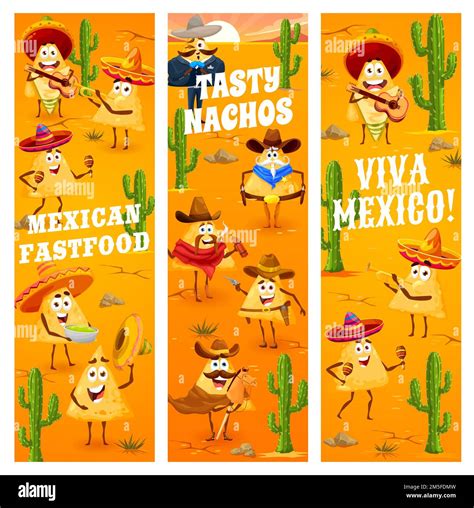 Mexican nachos chips, cowboy, robber and sheriff characters, vector ...