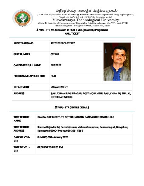 VTU Ph.D. Admission ETR Hall Ticket & Exam Instructions - Studocu