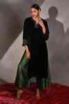Buy Green Silk, Brocade Zari Split V-neck Velvet Kurta And Farshi Pant ...