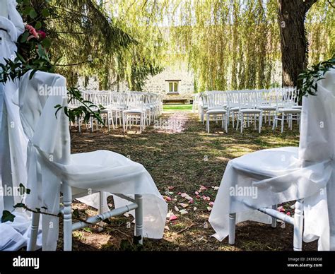 Chairs of the married once in front of a shady wedding venue and the ...