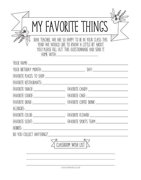 the printable my favorite things list is shown in black and white on a ...