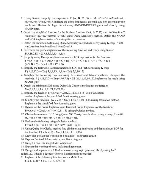 Copy of DLD Question Bank - Using K-map simplify the expression Y (A, B ...