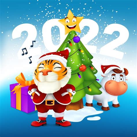 Um tigre fofo na fantasia de Papai Noel fica perto de uma árvore de ...