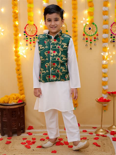 BownBee Pure Cotton Kurta Pajama with Jacquard Jacket Set for Boys- Gr