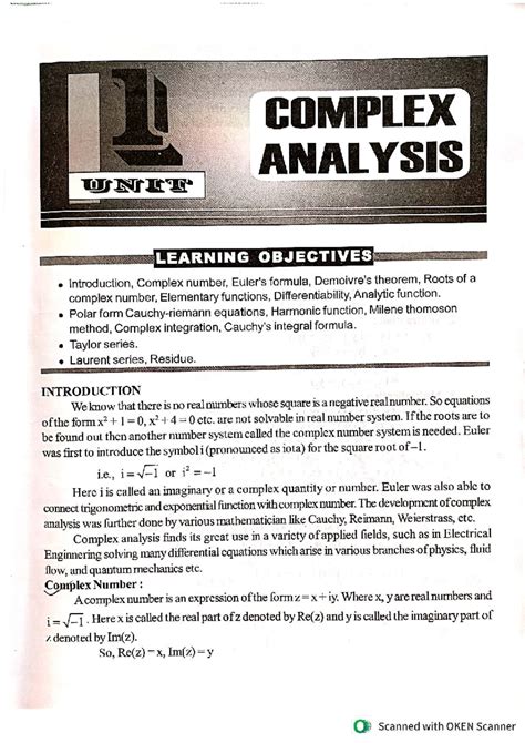Unit-1 Complex Analysis Learning Objectives and Key Concepts - Studocu